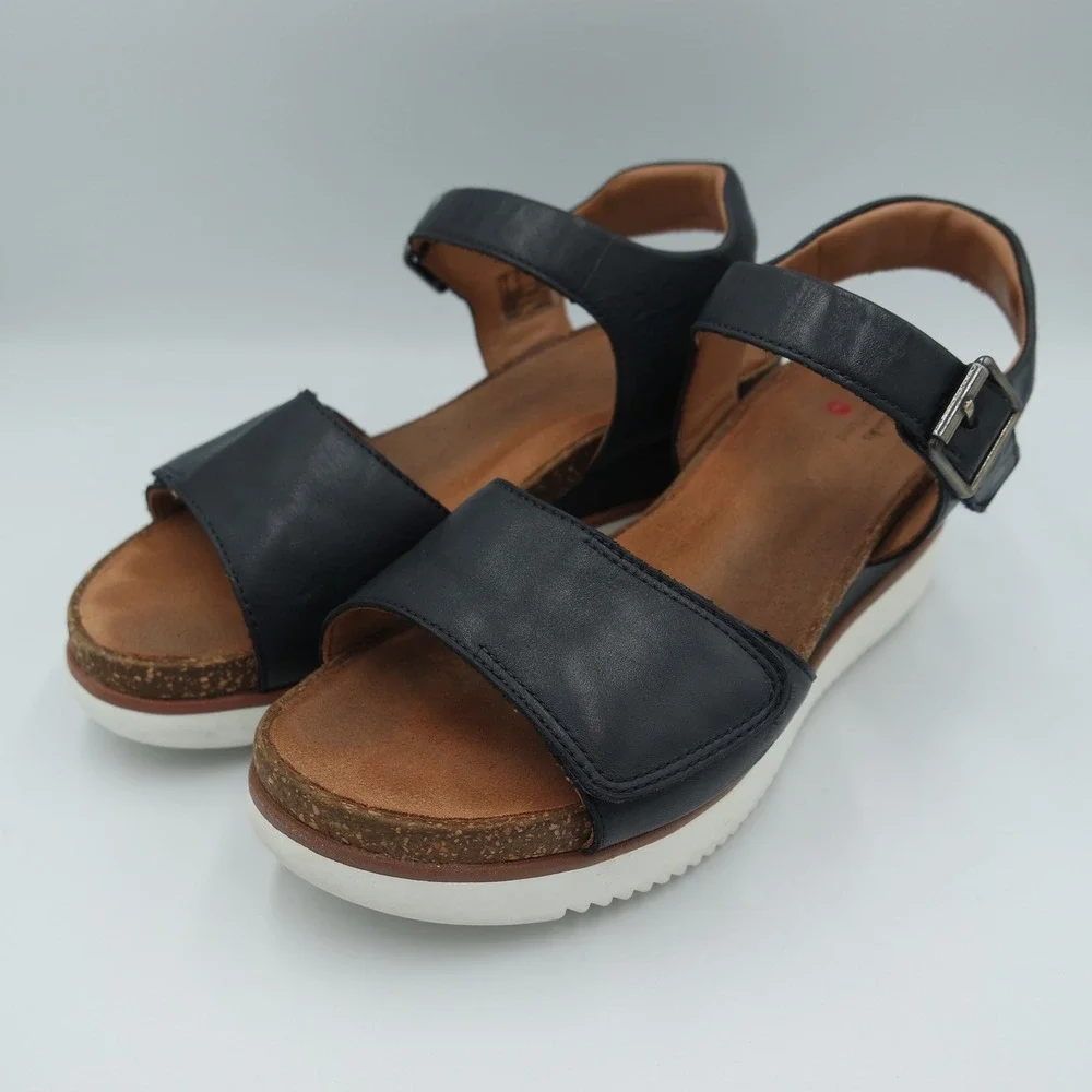 Clarks Lizby Strap Black Leather Wedge Sandals Womens 9.5 W